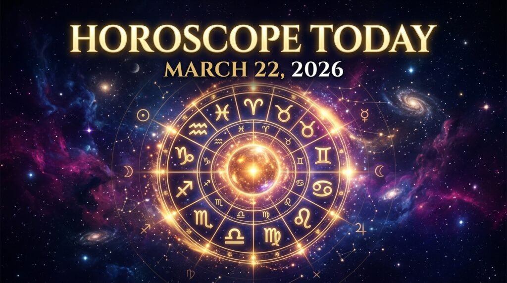 Horoscope today March 22 2026 showing zodiac wheel with all 12 zodiac signs and cosmic astrology background for daily horoscope predictions